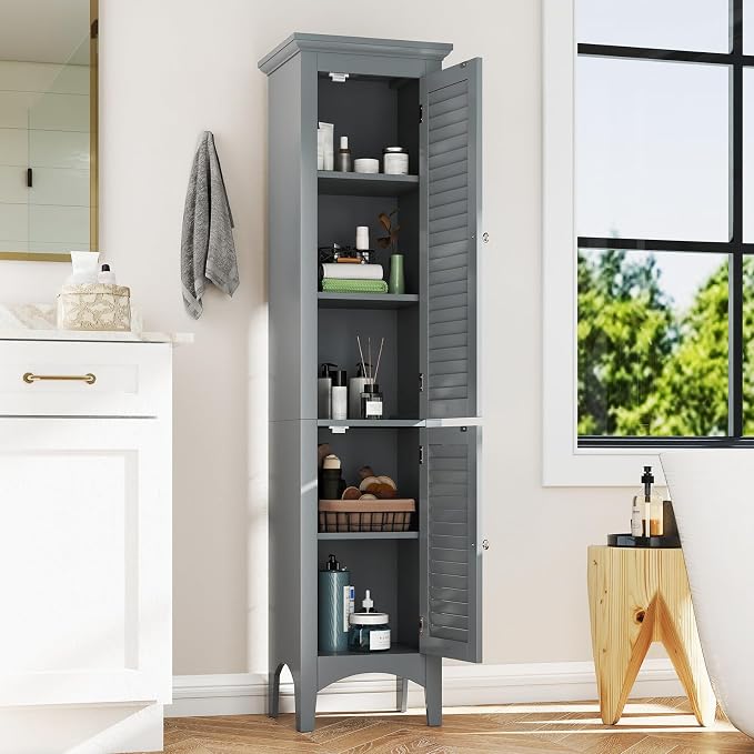Tangkula 63" Tall Bathroom Storage Cabinet, Freestanding Narrow Linen Tower - Image 4