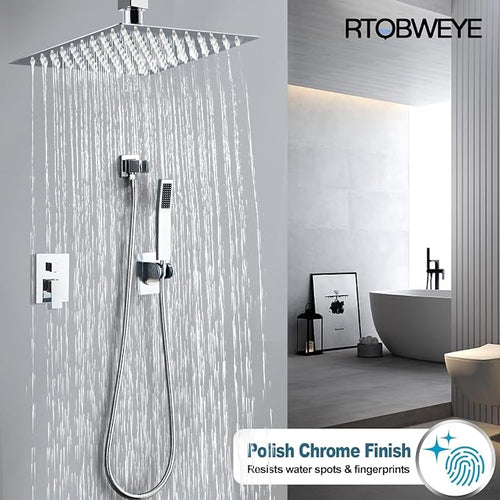 12 Inch Ceiling Mount Shower Faucet Set, Square Rain Shower Spray Combo Luxury - Image 2