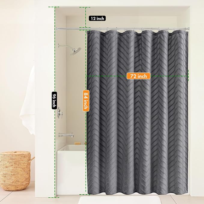 Extra Long Grey Boho Shower Curtain 84 Inch Grey Tufted Chevron Striped Fabric - Image 8