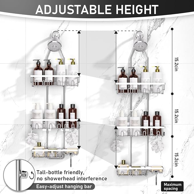 Shower Caddy, Rustproof Shower Shelves Over Shower Head, Triple Adjustable - Image 6