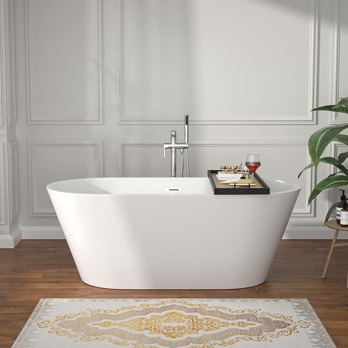 59 Inch Freestanding Acrylic Bathtub White Roll Top Soaking Tub by Yurshen