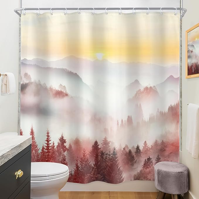 Riyidecor Misty Mountain Shower Curtain 72Wx72H Inch Red Sunrise Nature Scenery - Image 4