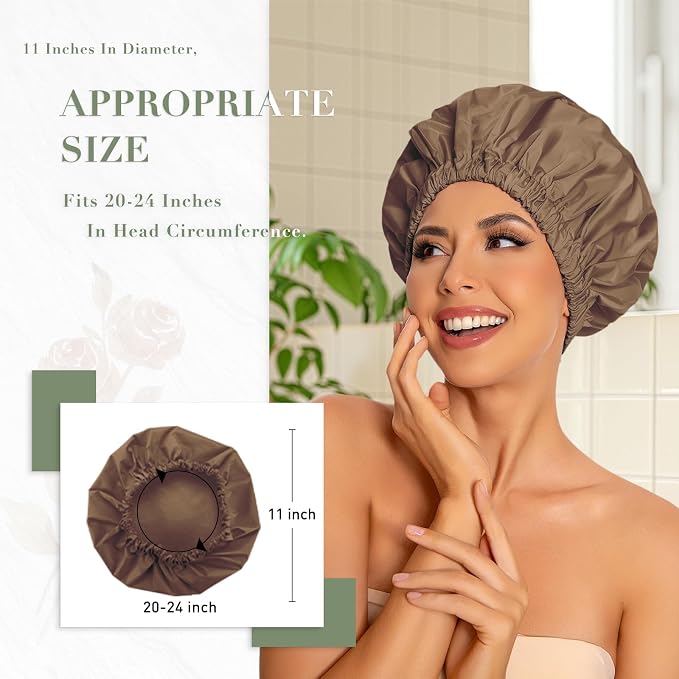 Reusable Shower Cap for Women, Large Waterproof Shower Bonnet Washable Elastic - Image 3