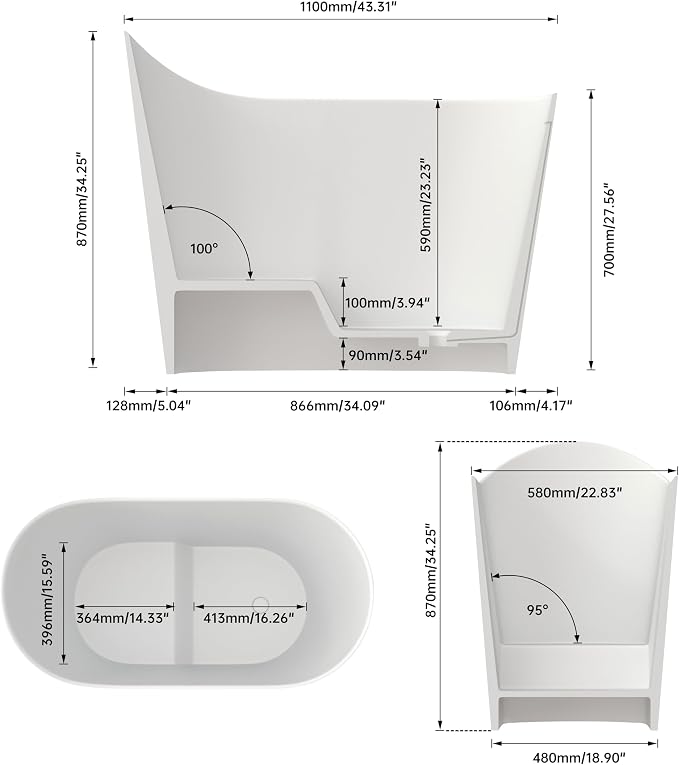 43" Stone Resin Janpanese Soaking Tub, Freestanding Deep Soaking Bathtub - Image 5