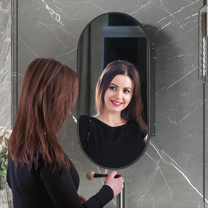 Oval Medicine Cabinet Mirror for Bathroom, Recessed Black Medicine Cabinet - Image 6