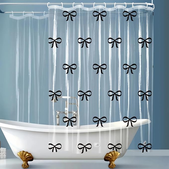 Clear Cute Black Bow Shower Curtain Liner, Plastic Transparent Girly Fancy - Image 5