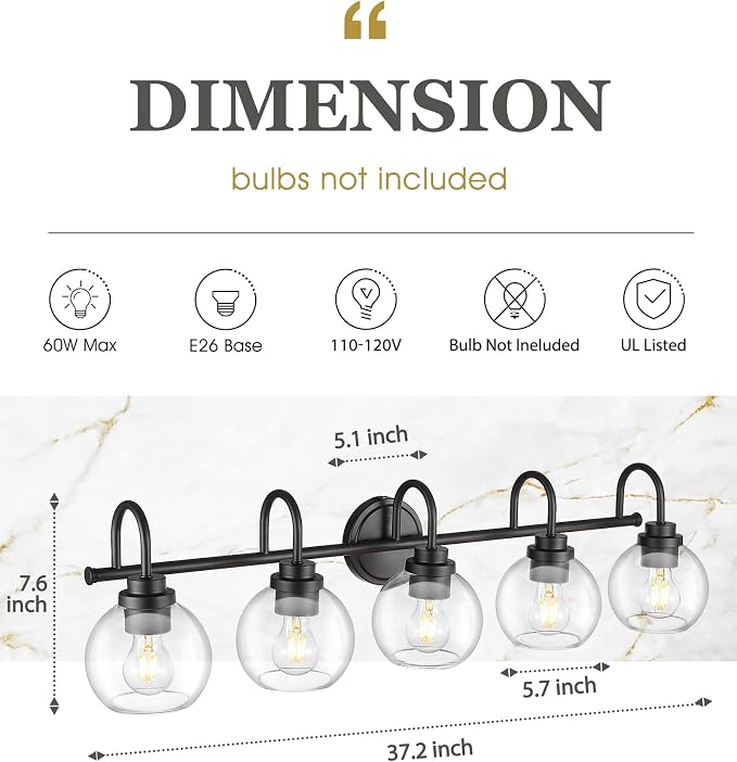 Bathroom Light Fixtures, 5-Light Matte Black Vanity Lights - Image 2
