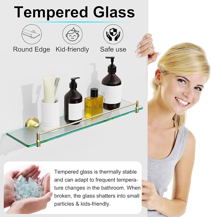 20 Inches Glass Shelves for Bathroom, Brushed Gold Floating Glass Shelf - Image 6