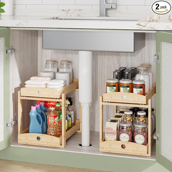 Bamboo Wood Under Sink Organizer 1 Pack, Pull Out Cabinet Organizer 2 Tier by LONTAI
