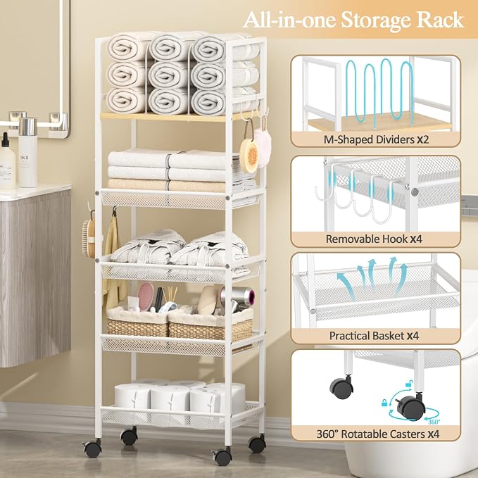 5-Tier Bathroom Storage Shelf, Mobile Metal Free Standing Shelving Unit - Image 6
