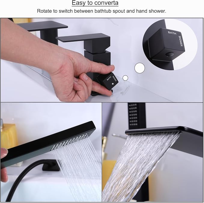 Roman Tub Faucet with Hand Shower, Matte Black Deck Mount Waterfall Tub Faucet - Image 3