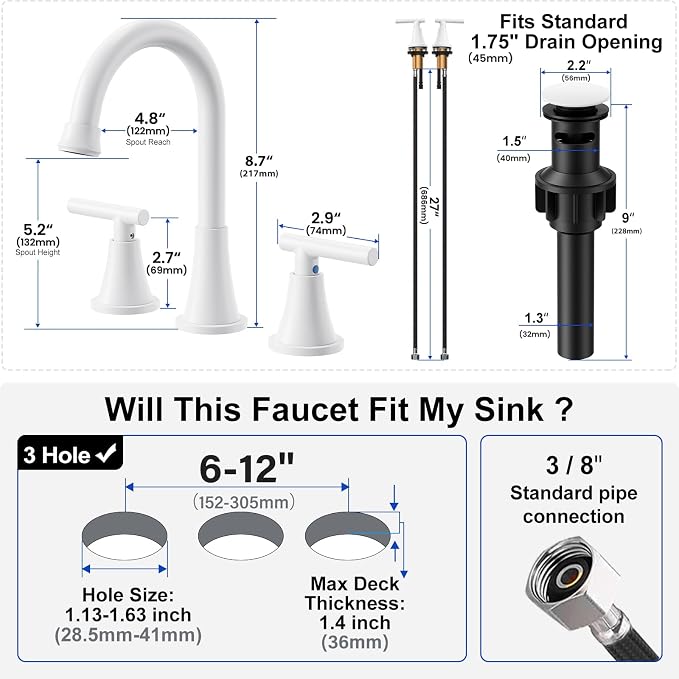 Bathroom Faucets for Sink 3 Hole, Hurran White Bathroom Sink Faucet - Image 5