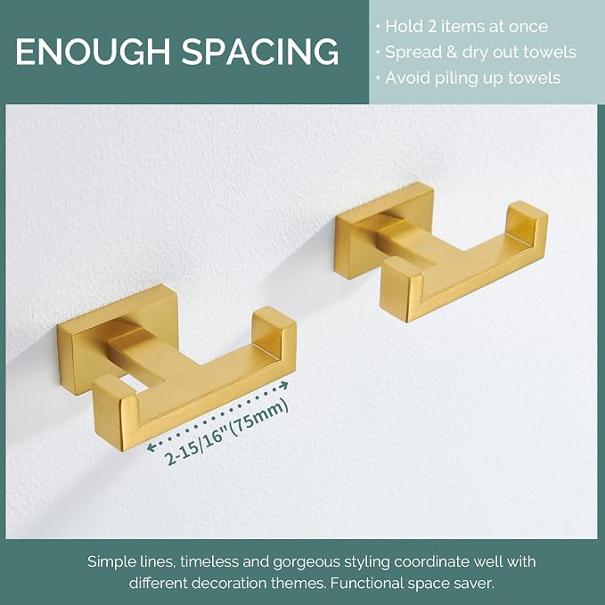 Angle Simple Double Towel Hook Brassy Gold 2 PCS, SUS304 Stainless Steel - Image 6