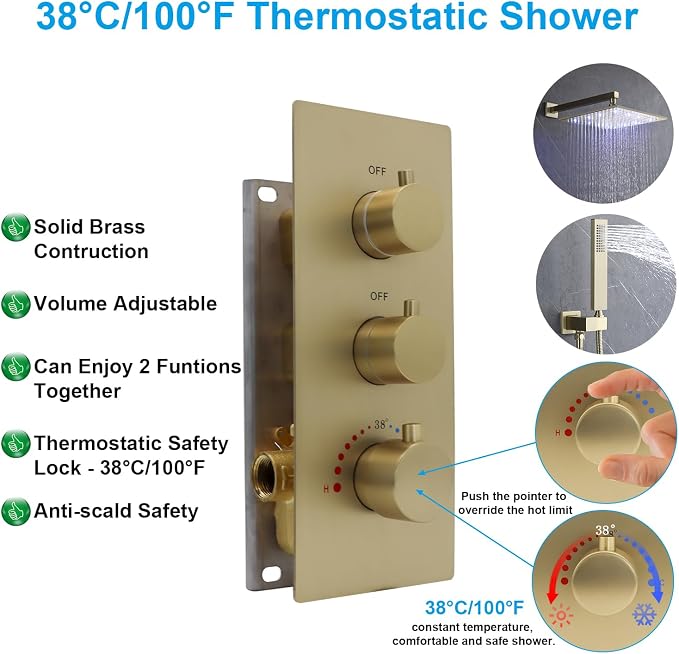 HOMEDEC 2 Way Shower Diverter Valve, Brass Dual Functions Thermostatic Shower - Image 2