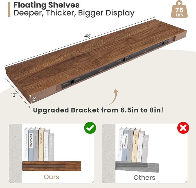 Heimlove 12 Inch Deep Floating Shelves, 48 x 12 inches Long Wall Shelf - Image 3