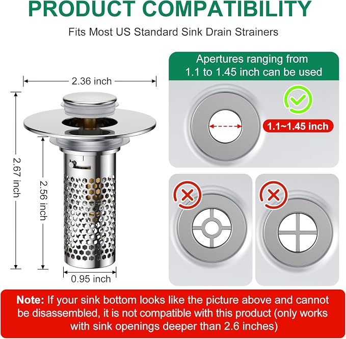 ​Bathroom Sink Drain Strainer, Pop-Up Sink Stopper Hair Catcher, Anti-Clog - Image 7