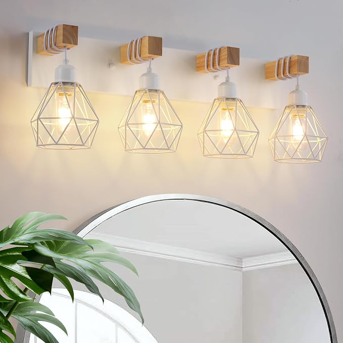 Farmhouse Vanity Light for Bathroom, 4-Light White Wood Bathroom Vanity Light by LIGHTUPYOURLIFE