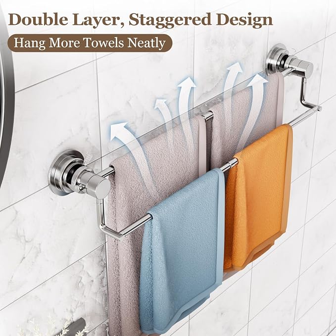 Suction Cup Double Towel Bar Adjustable 13"-25", Bath Sheet Rack Stainless Steel - Image 6