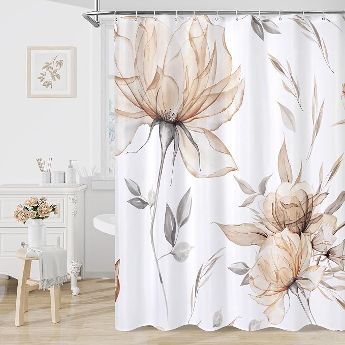 Light Brown and Grey Boho Watercolor Floral Shower Curtain, Ink Painting Style by Decorateyourhome
