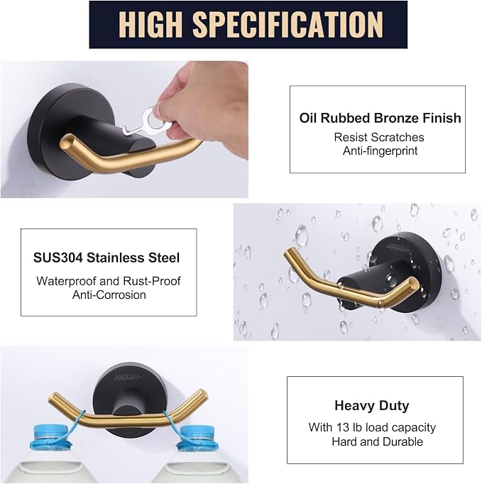 ARCORA Towel Hooks Black and Gold, SUS 304 Stainless Steel Wall Hooks, Heavy - Image 4