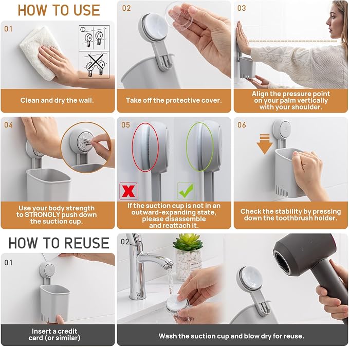 LEVERLOC Powerful Suction Toothbrush Holder 2 Pack, Removable Drill-Free Wall - Image 8