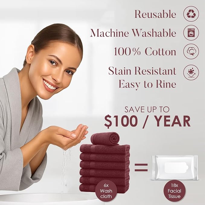 DAN RIVER 12-Pack Premium 100% Cotton Pomegranate Face Towels – Reusable Face - Image 3