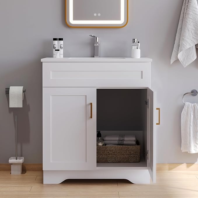 Bathroom 30" Vanity with Ceramic Sink, Wooden Double Door Bathroom Storage - Image 5