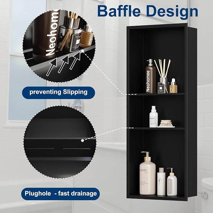 Neodrain 12X30 in Shower Niche, Matte Black 3 Layers Shower Shelf Stainless - Image 5