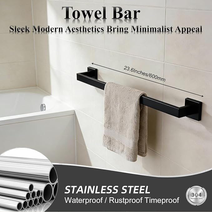 Bathroom Hardware Set 5 Piece Matte Black Bathroom Accessories Set SUS304 Towel - Image 2