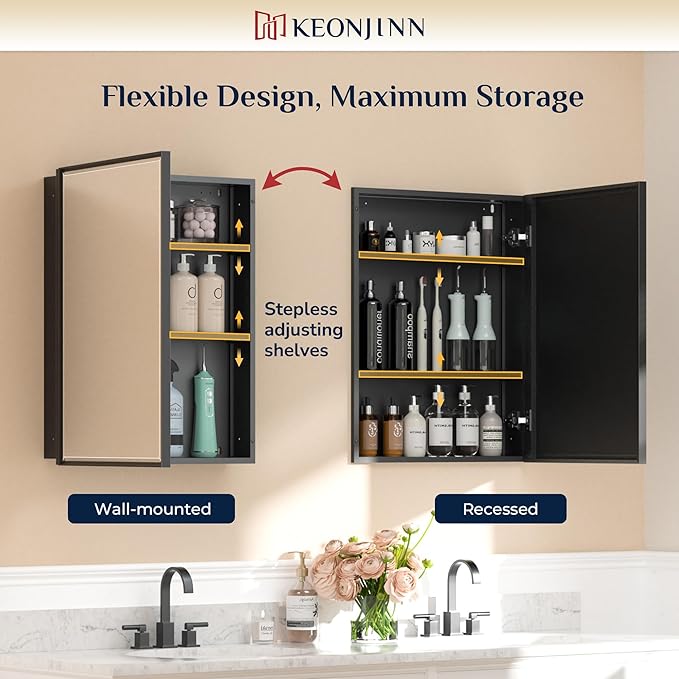 Keonjinn 40” x 30” Black Bathroom Medicine Cabinets - Image 3