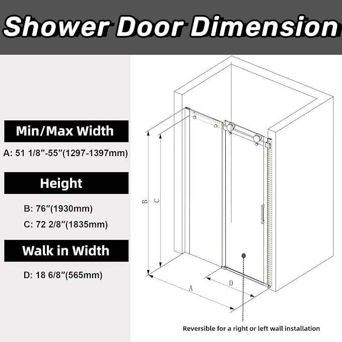 Sunrosa Semi-Frameless Glass Shower Door, 51-55" W x 76" H Single Sliding - Image 6