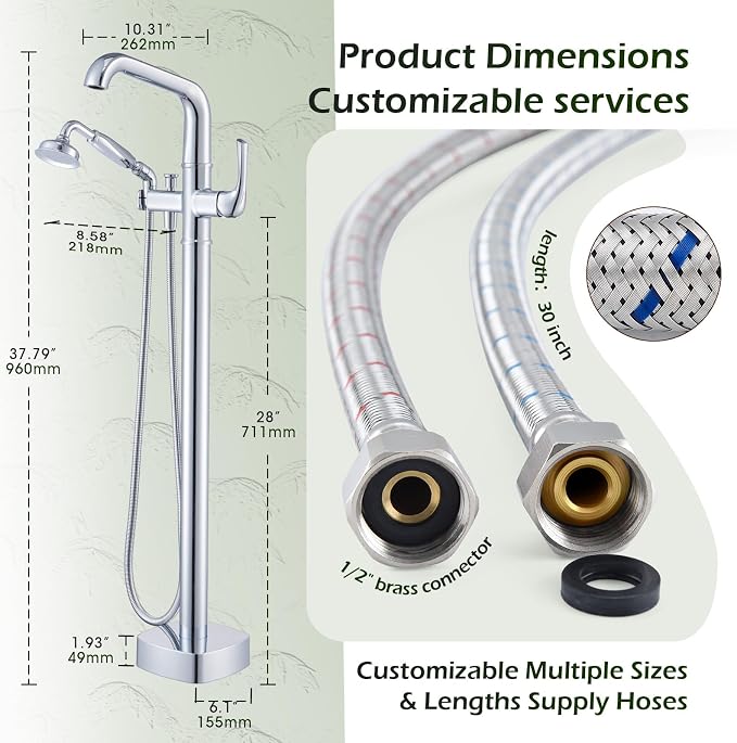 Luxury Free Standing Tub Faucet, Classic Brass Freestanding Bathtub Faucet - Image 6