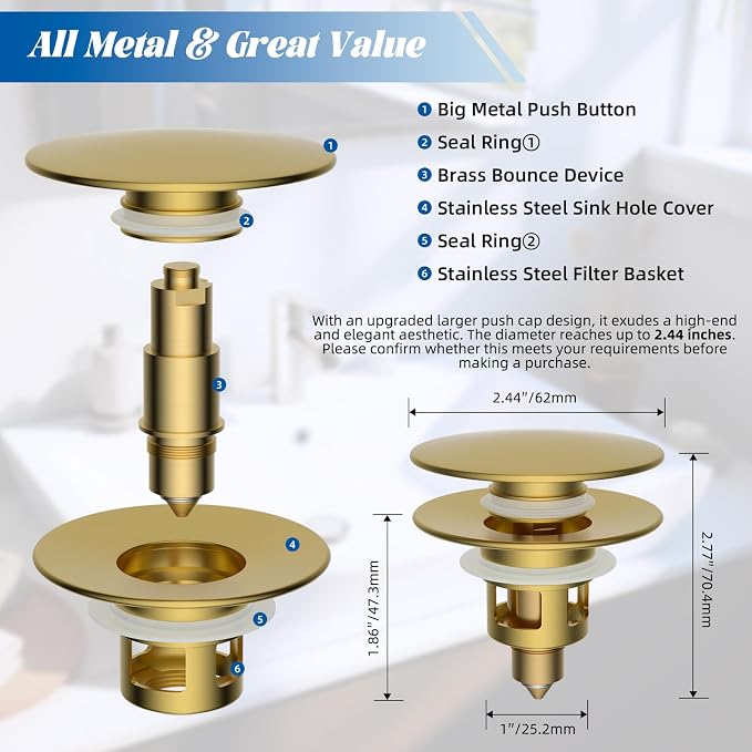 Hibbent All Metal 2 in 1 Bathroom Sink Stopper, Universal Pop Up Drain Strainer - Image 6