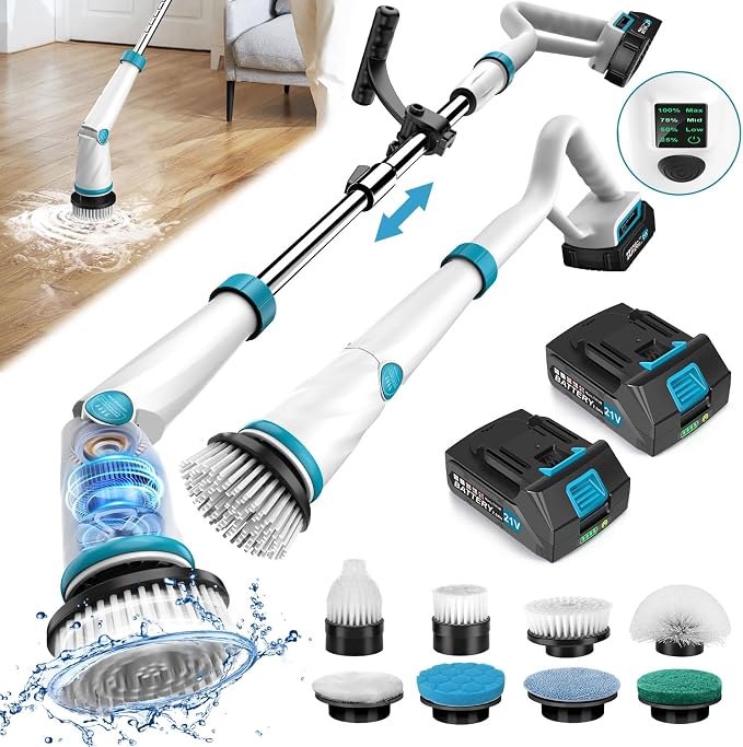 1500RPM Electric Spin Scrubber, 8 Brush Heads Electric Scrubber by Fimilo