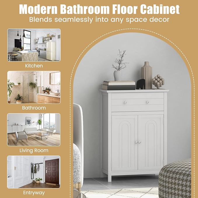 COSTWAY Bathroom Floor Cabinet, Wooden Side Storage Organizer w/Larger Drawer - Image 8