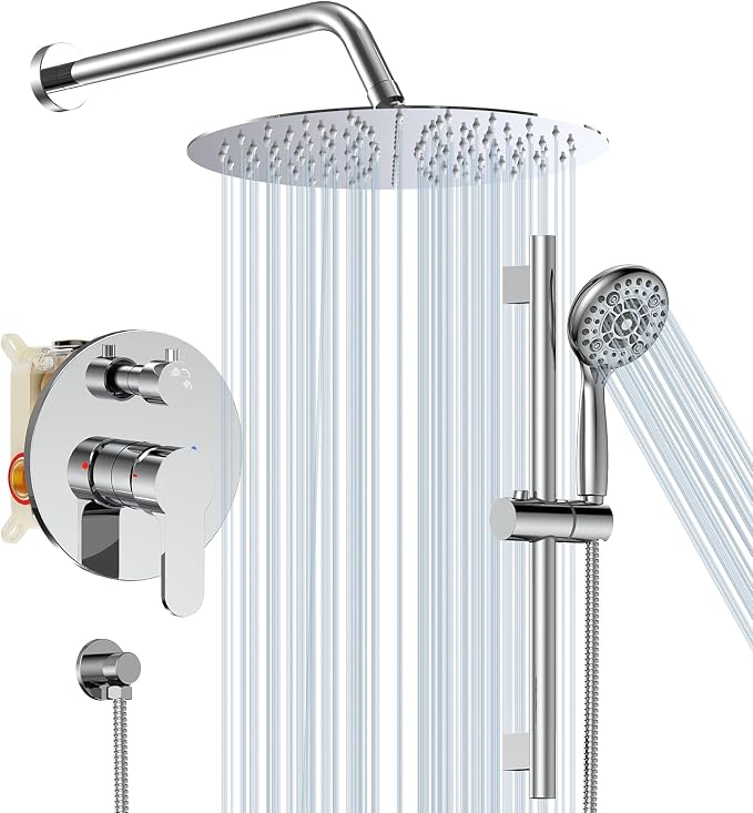 SR SUN RISE 12 Inch Shower System, Slide Bar Shower Faucets Sets Complete Round by SRSUNRISE