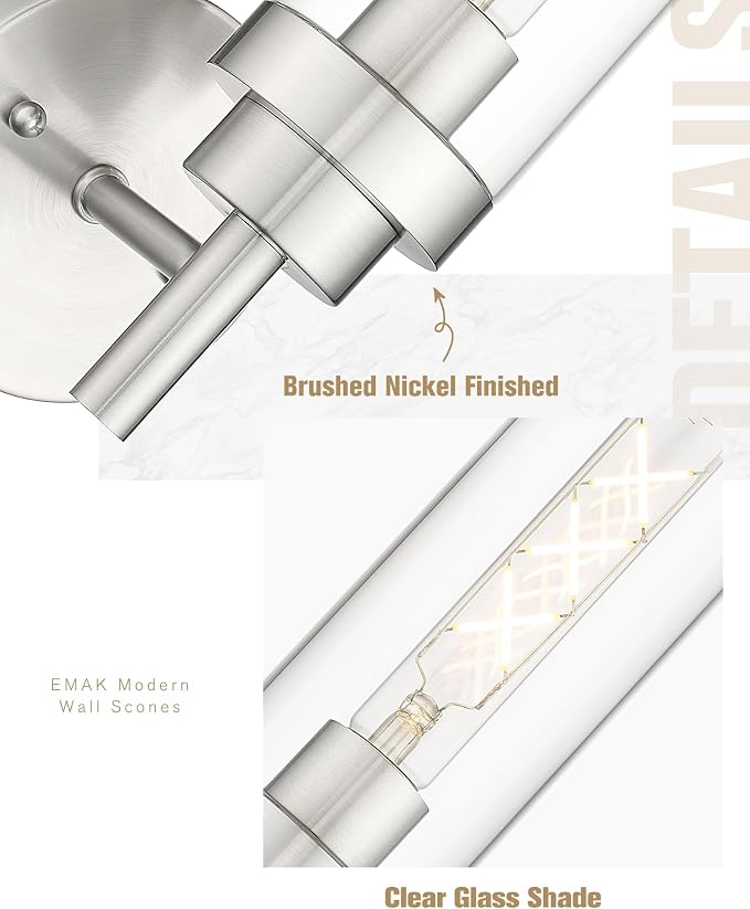 Emak Modern Wall Lights, Brushed Nickel Wall Sconces Set of 2, Bathroom Vanity - Image 3