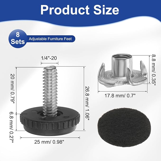 uxcell 1/4"-20 Thread Furniture Feet Levelers, 8Set 20mm L Adjustable Furniture - Image 2