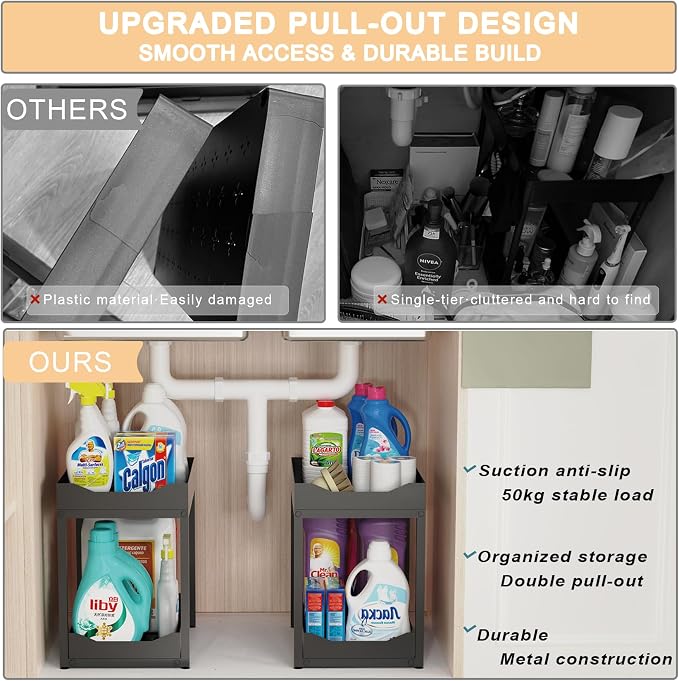 2-Tier Bathroom Organizers and Storage, Metal Under Sink Organizers, Pull Out - Image 4