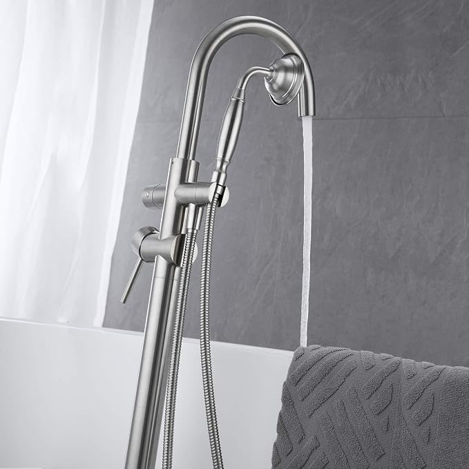 Tub Filler Freestanding Bathtub Faucet Brushed Nickel Floor Mounted Brass - Image 5