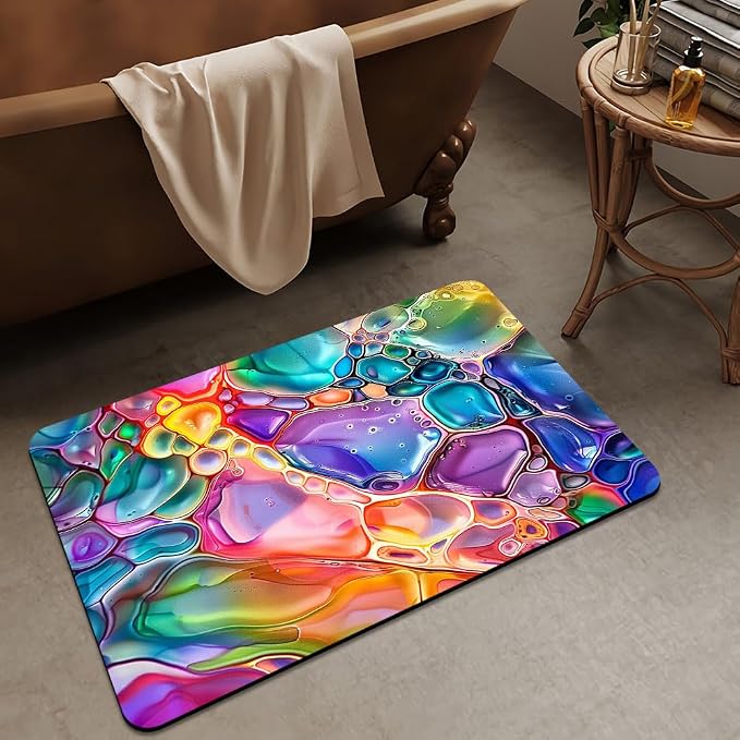 Bath Mat Rug, Rainbow Bubble Non Slip Quick Dry Super Absorbent Thin Bathroom - Image 3