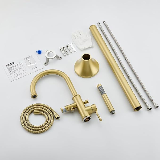 Free Standing Tub Faucet Brushed Gold Freestanding Bathtub Faucet Floor Mount - Image 9