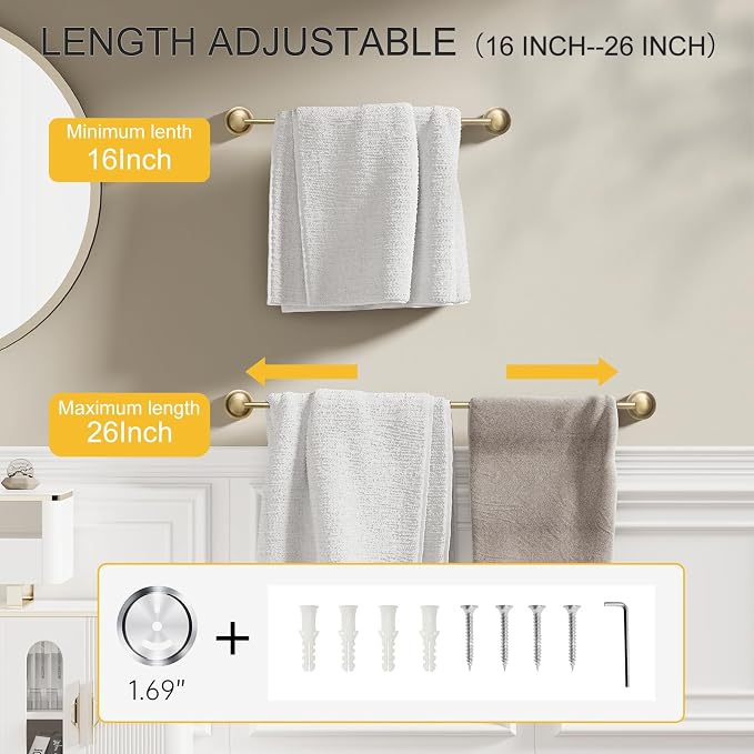 BESy Adjustable Antique Brass 16.5 to 28.7 Inch Bath Towel Bar Rack - Image 5