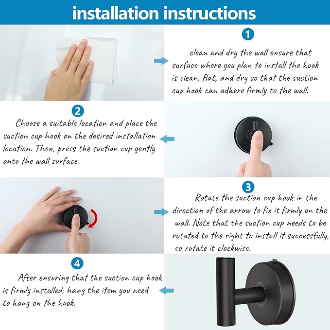 DGYB Large Suction Cup Hooks for Shower Set of 2 Black Towel Hooks for - Image 5