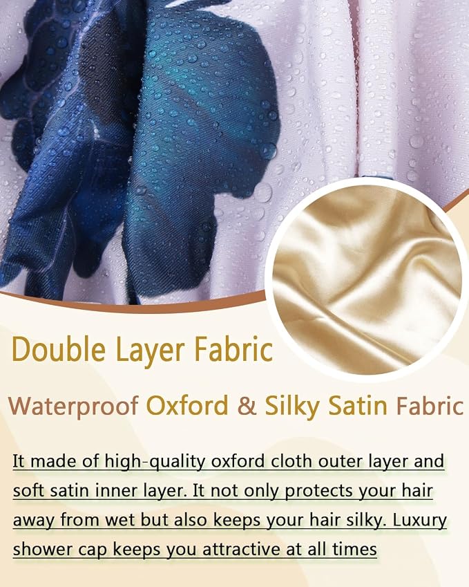 Large Shower Caps for Women Reusable Waterproof Satin Lined Shower Cap - Image 3