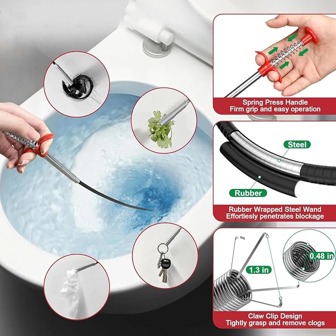 Drain Snake, 61 inch Flexible Grabber Claw Pick Up Reacher Tool, Drain Clog - Image 2