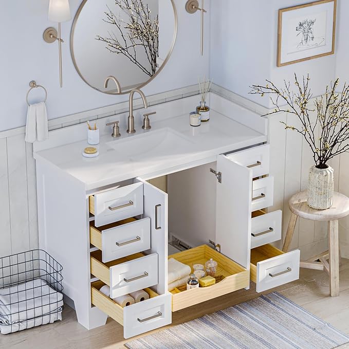 ARIEL 49" White Bathroom Vanity, 1.5" Edge Pure White Quartz Countertop & Splash - Image 3