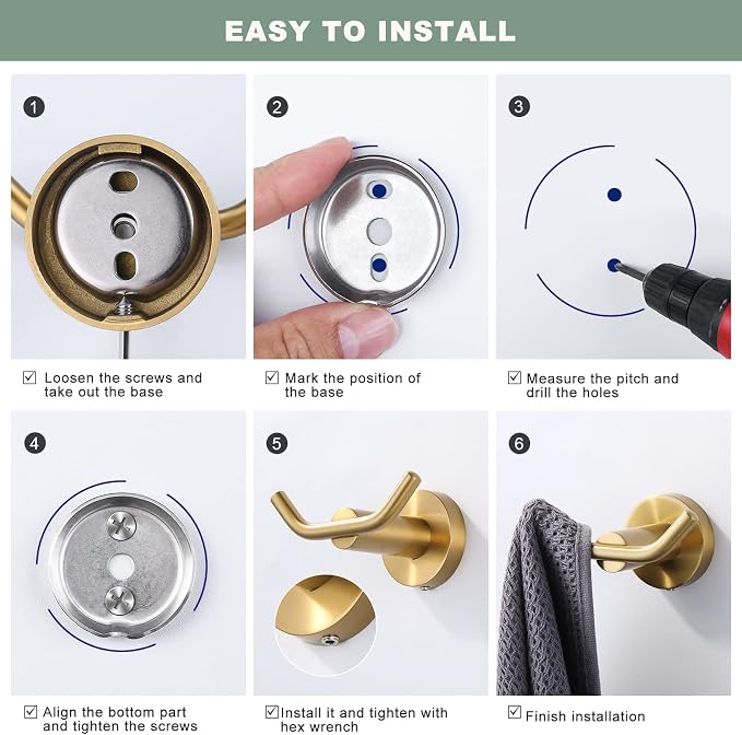 ARCORA Brushed Gold Towel Hooks, SUS 304 Stainless Steel Wall Hooks, Heavy Duty - Image 7