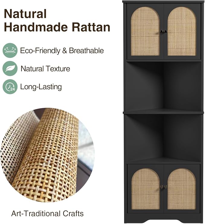 67''H Tall Corner Cabinet with Handmade Rattan Door, Rattan Storage Cabinet - Image 3