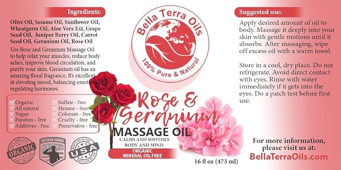 Rose and Geranium Massage Oil Without Mineral Oil. 16 oz. Full Body Massage - Image 4